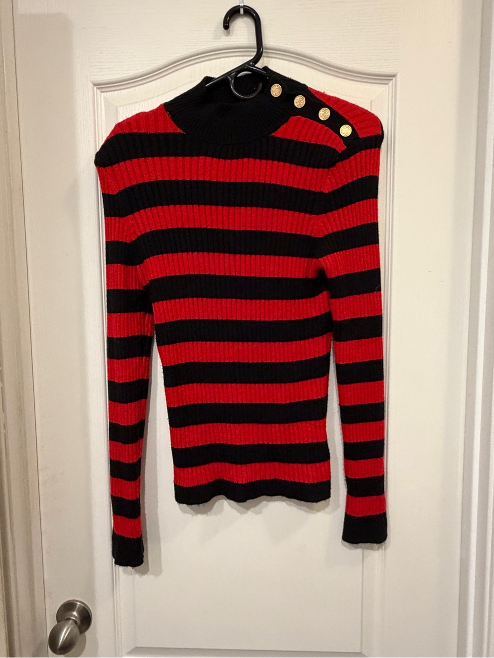 Express Red and Black Striped Ribbed Sweater with Gold Buttons